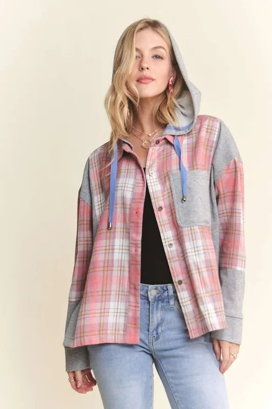 Image of ADORA Button Down Plaid Hoodie Shacket | Queeble.shop