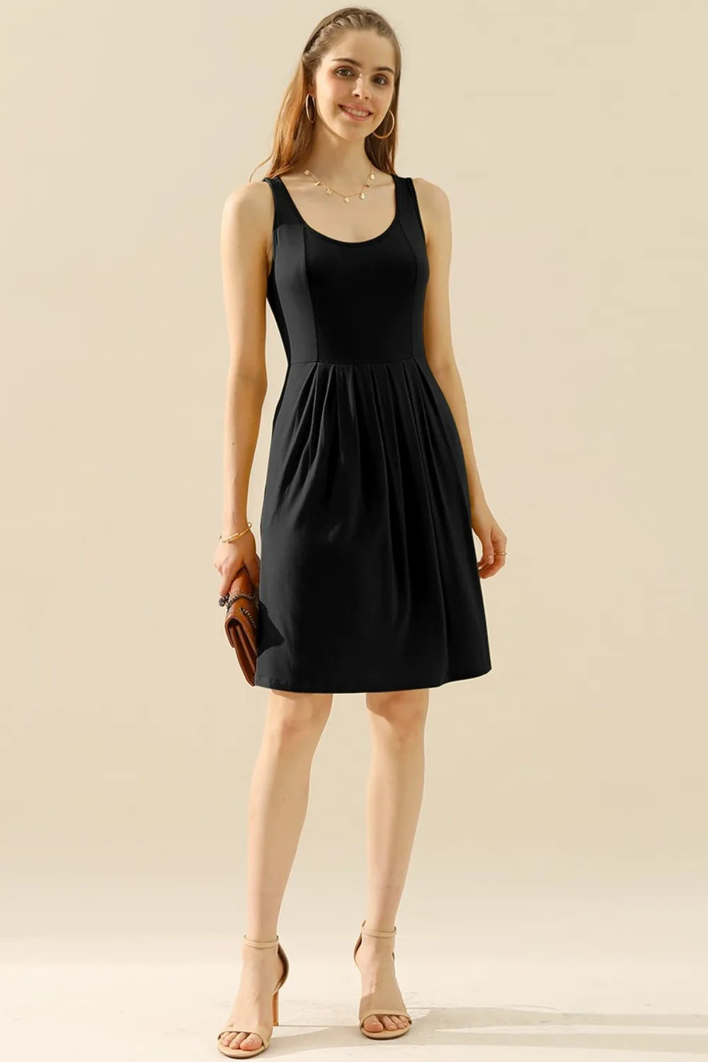 Image of Doublju Full Size Round Neck Ruched Sleeveless Dress with Pockets | Queeble.shop