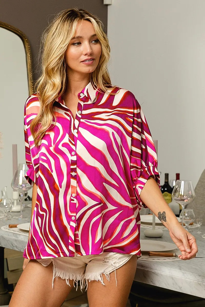 Image of BiBi Zebra Dolman Silky Satin Shirt Top | Queeble.shop