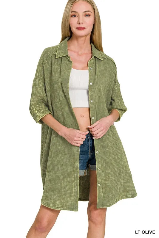 Image of Zenana Washed Double Gauze Button Down Shirt Dress | Queeble.shop