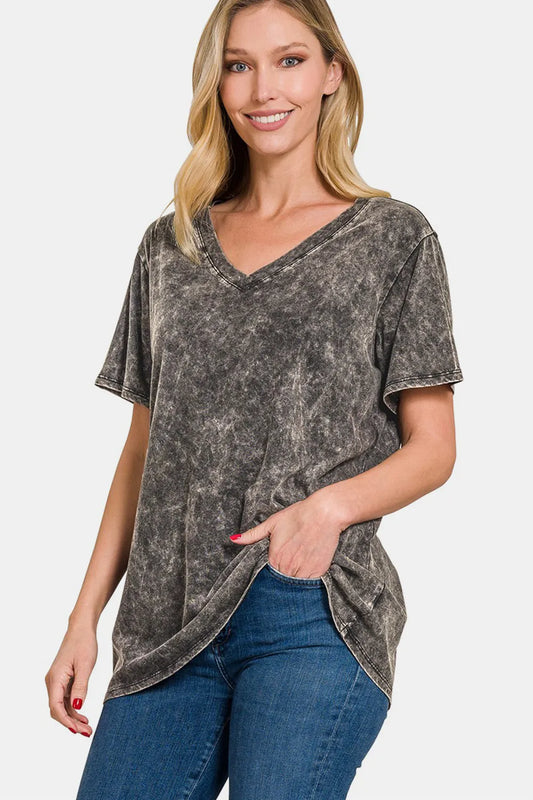Image of Zenana Full Size Washed Short Sleeve V-Neck T-Shirt | Queeble.shop