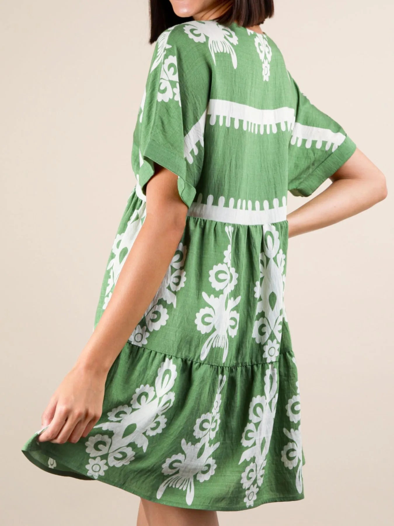 Image of Printed V-Neck Short Sleeve Mini Dress | Queeble.shop