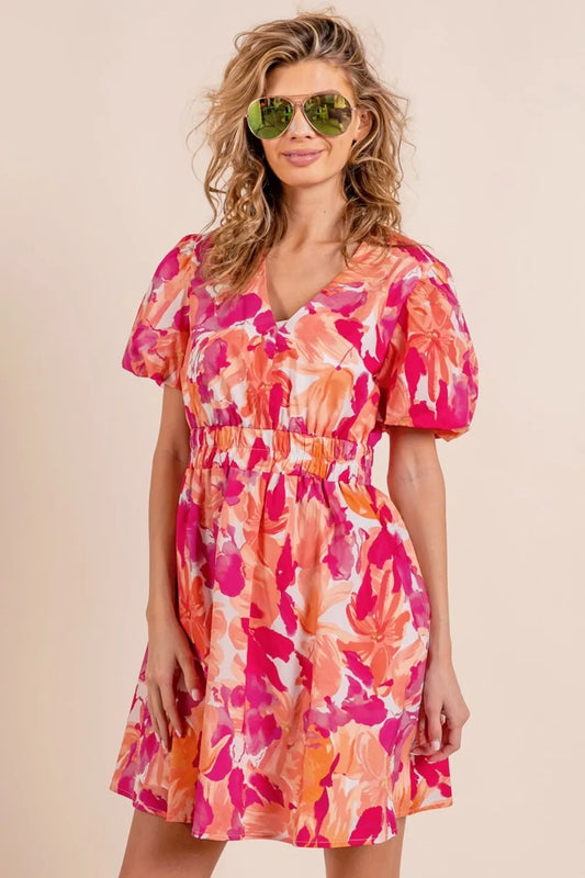 Image of BiBi Floral V-Neck Puff Sleeve Mini Dress | Queeble.shop