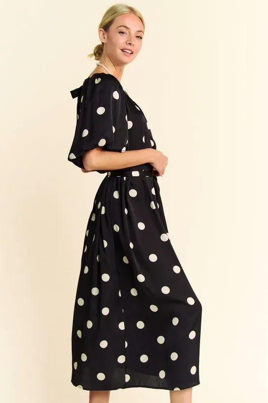 Image of Davi & Dani Polka Dot Puff Sleeves Waist Tie Midi Dress | Queeble.shop