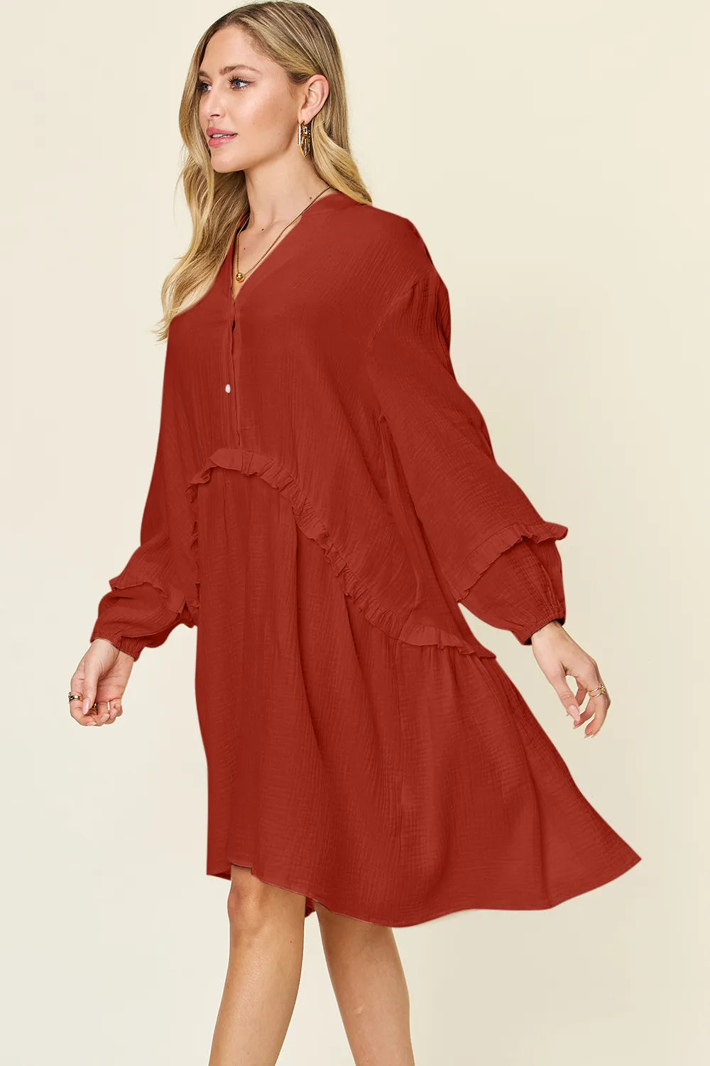 Image of Double Take Full Size Texture Half Button Ruffle Trim Dress | Queeble.shop
