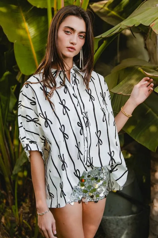 Image of BiBi Bow Ribbon Woven Printed Button Down Shirt | Queeble.shop