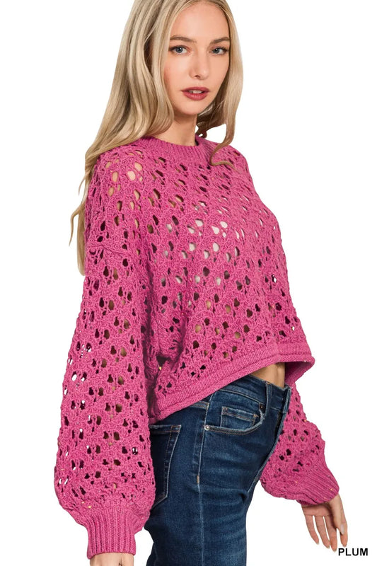 Image of Zenana Oversized Cropped Crochet Knit Sweater | Queeble.shop