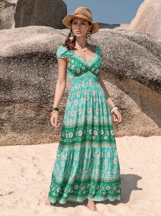 Image of Smocked Printed V-Neck Dress | Queeble.shop