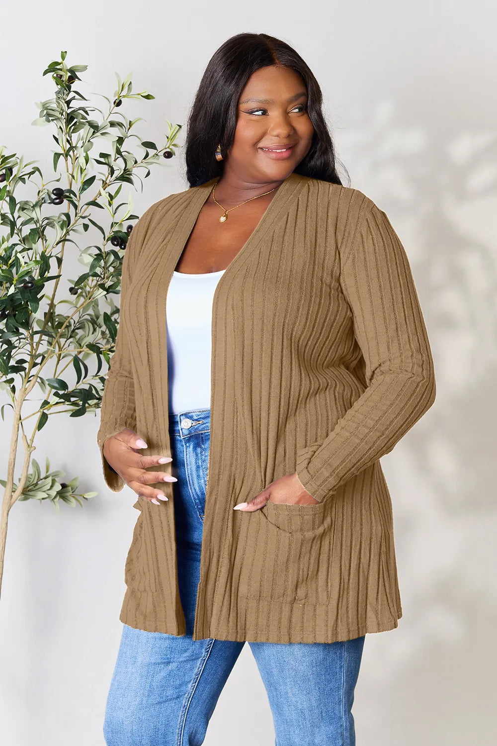 Image of Basic Bae Full Size Ribbed Open Front Cardigan with Pockets | Queeble.shop