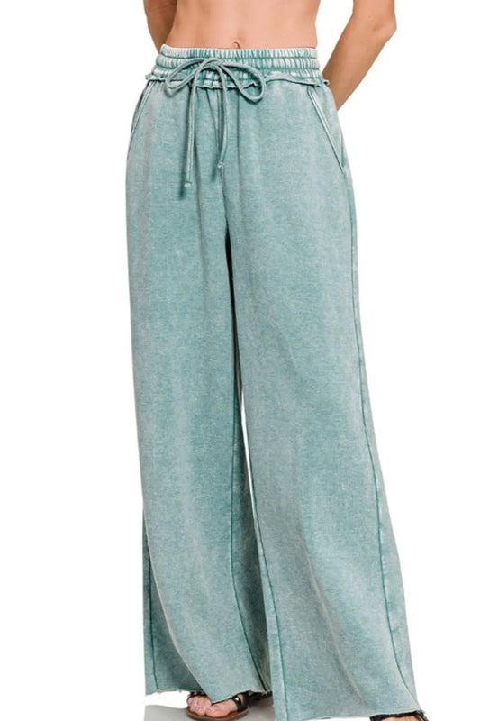 Image of Zenana Acid Wash Fleece Palazzo Sweatpants with Pockets | Queeble.shop