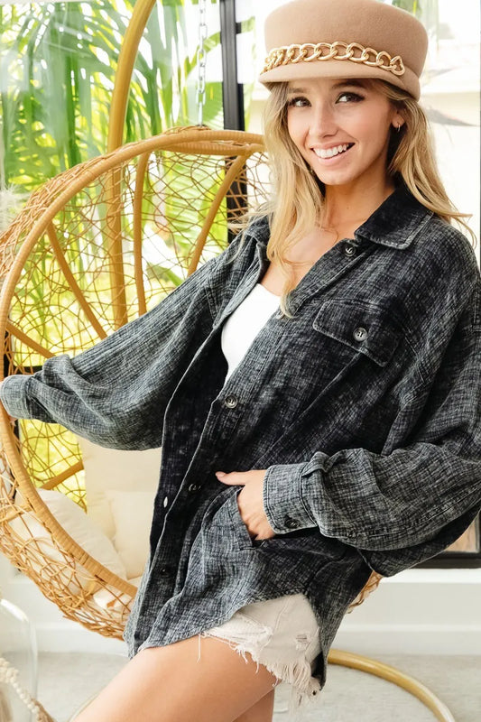 Image of BiBi Vintage Washed Wrinkle Gauze Shacket | Queeble.shop