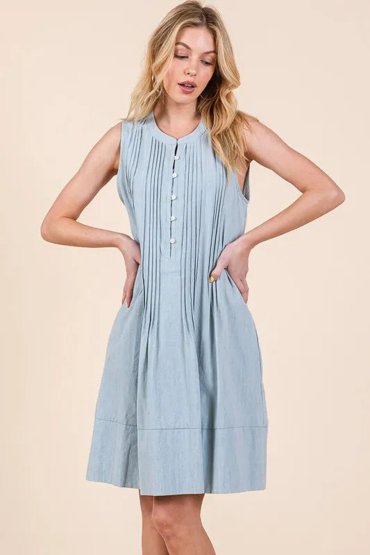 Image of Lime 'N' Chili Denim Pintuck Detail Sleeveless Midi Dress | Queeble.shop