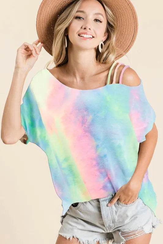 Image of BiBi Tie Dye French Terry Strapped One Shoulder Top | Queeble.shop