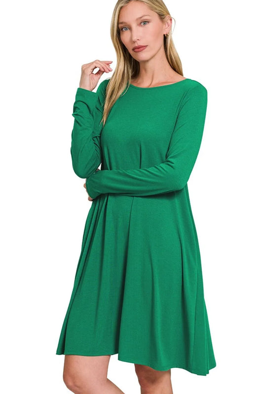 Image of Zenana Long Sleeve Flare Dress With Pockets | Queeble.shop