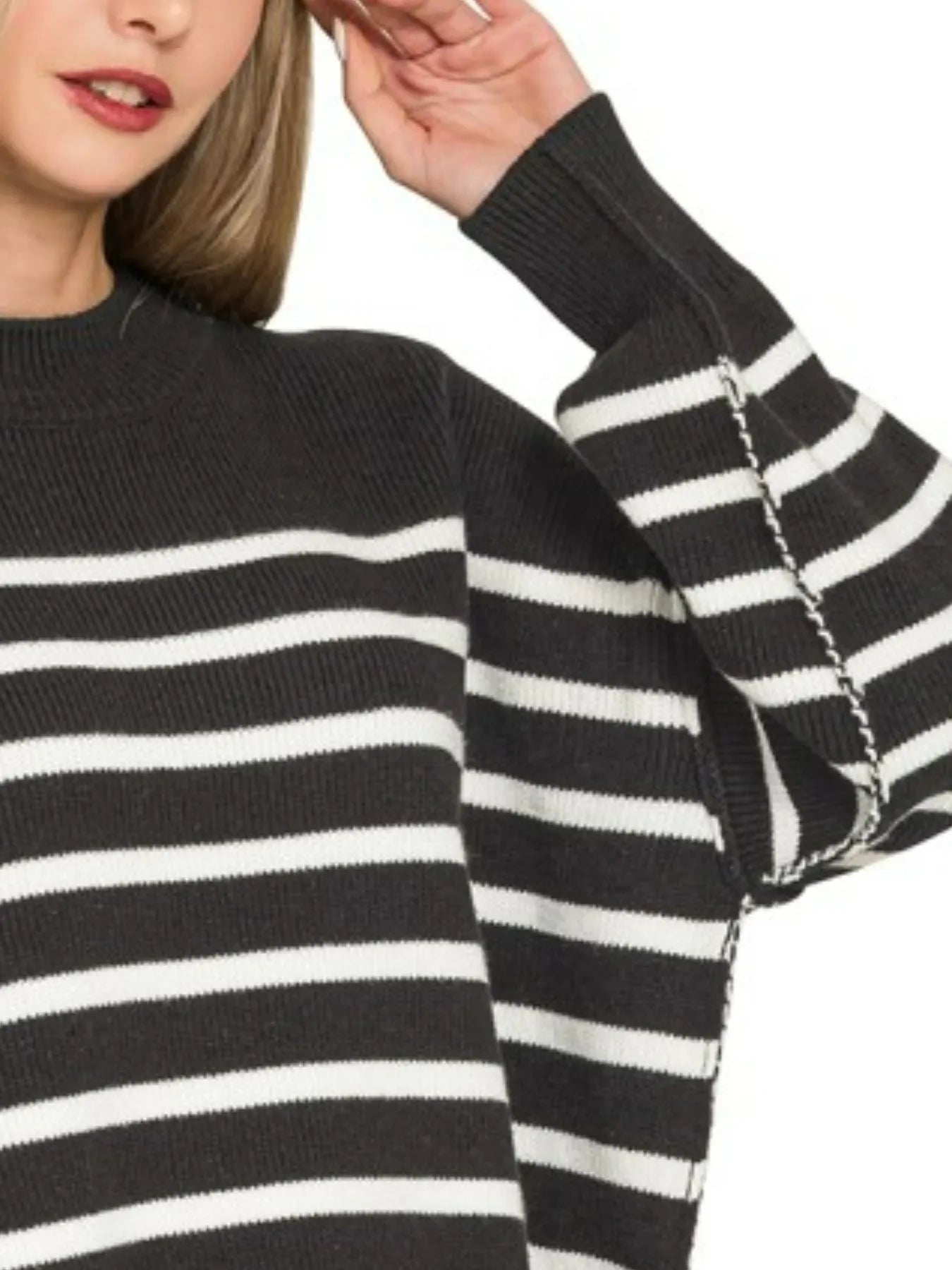 Image of Zenana Exposed Seam Striped Oversized Sweater | Queeble.shop