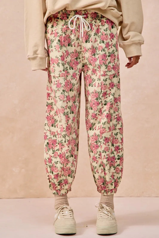 Image of BiBi Floral Printed Twill Drawstring Pants With Elastic Band | Queeble.shop