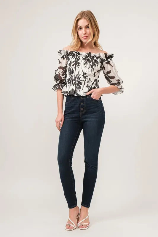 Image of And The Why Smocked Off-Shoulder Floral Printed Top | Queeble.shop