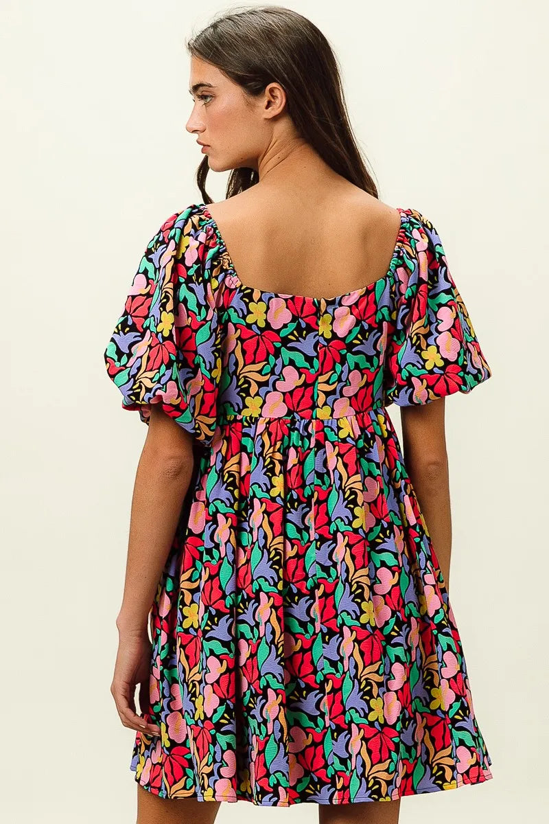 Image of BiBi Floral Print Puff Square Neck Dress | Queeble.shop