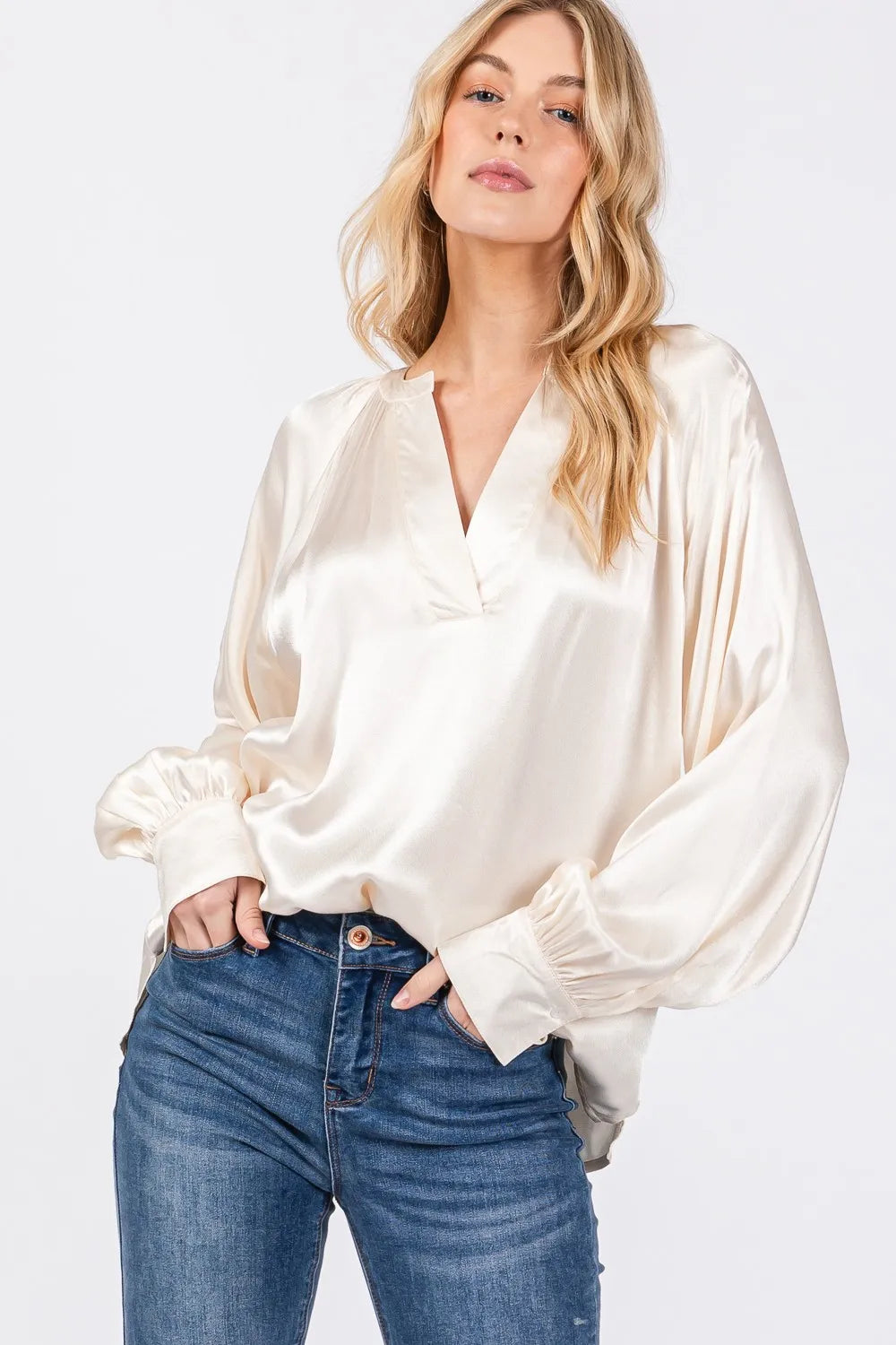 Image of SAGE + FIG Notched Long Sleeve Blouse | Queeble.shop