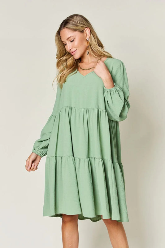 Image of Double Take Full Size V-Neck Balloon Sleeve Tiered Dress with Pockets | Queeble.shop
