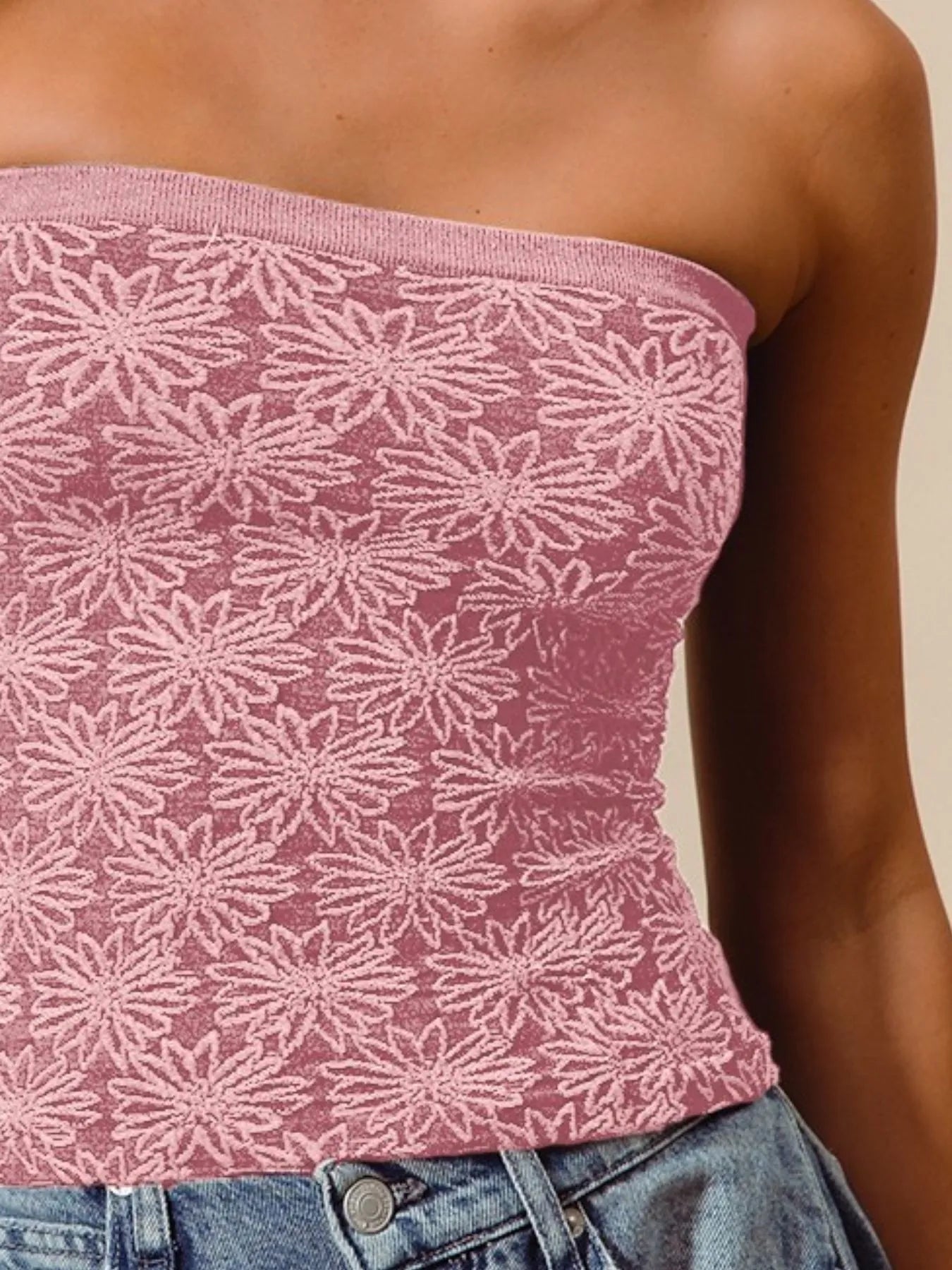 Image of SO ME Jacquard Floral Two Tone Seamless Tube Top | Queeble.shop