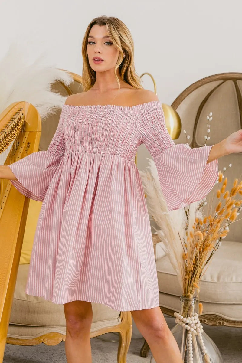Image of BiBi Smocked Off Shoulder Striped Dress | Queeble.shop