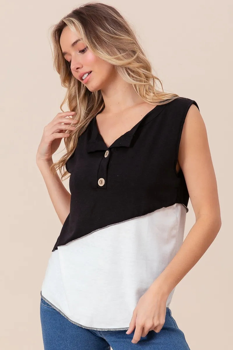 Image of BiBi Color Block Contrast Stitching Buttoned Henley Top | Queeble.shop