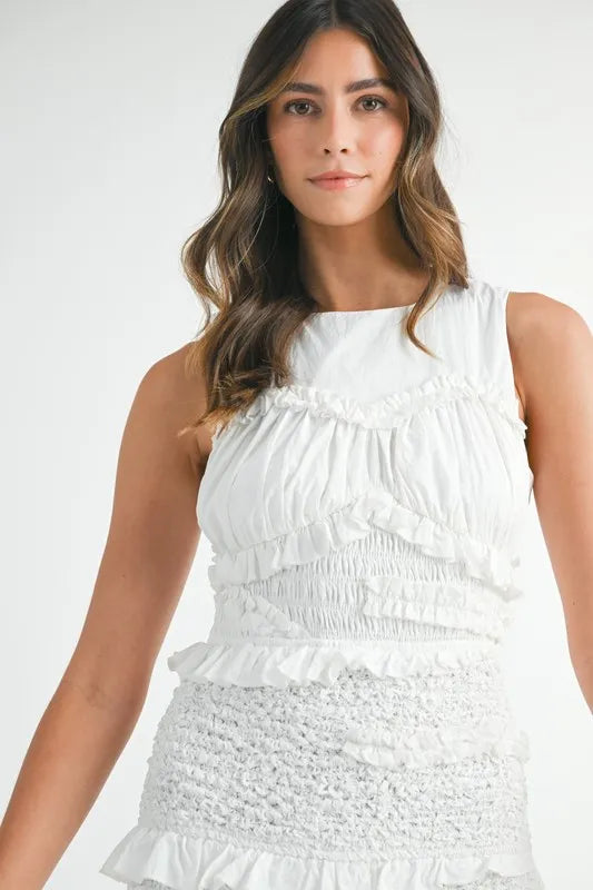 Image of MABLE Ruffled Popcorn Smocked Mermaid Midi Dress | Queeble.shop