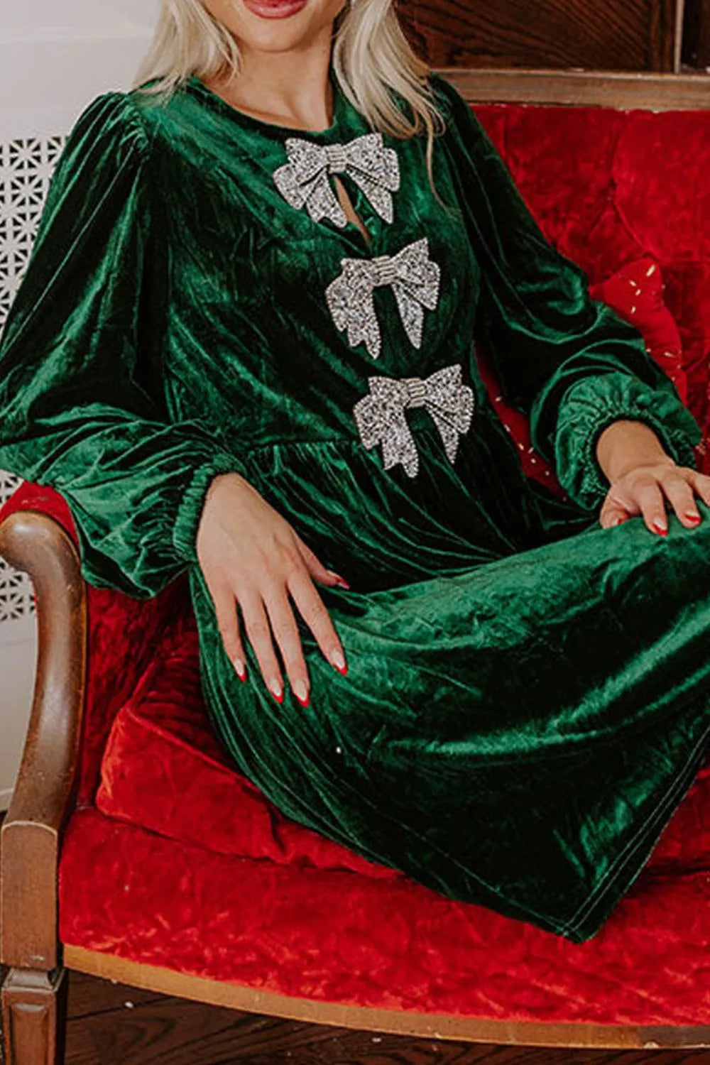 Image of Velvet Bow Front Balloon Sleeve Dress | Queeble.shop
