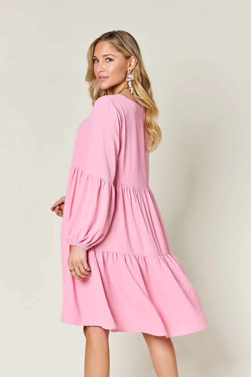 Image of Double Take Full Size V-Neck Balloon Sleeve Tiered Dress with Pockets | Queeble.shop