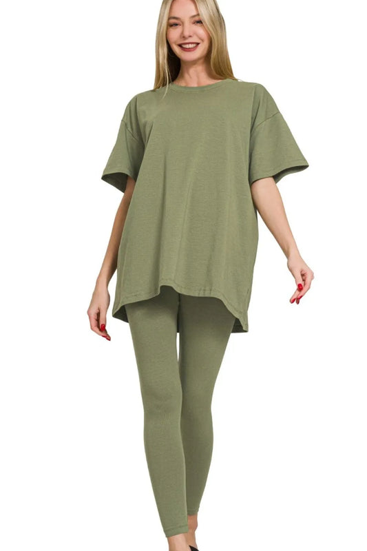 Image of Zenana Cotton Round Neck Top & Legging Set | Queeble.shop