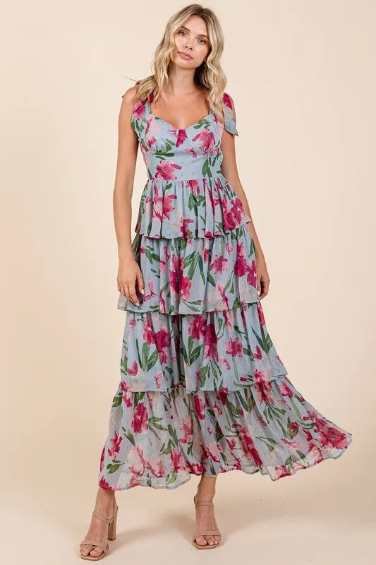 Image of Mittoshop Layered Floral Sweetheart Neck Maxi Dress | Queeble.shop