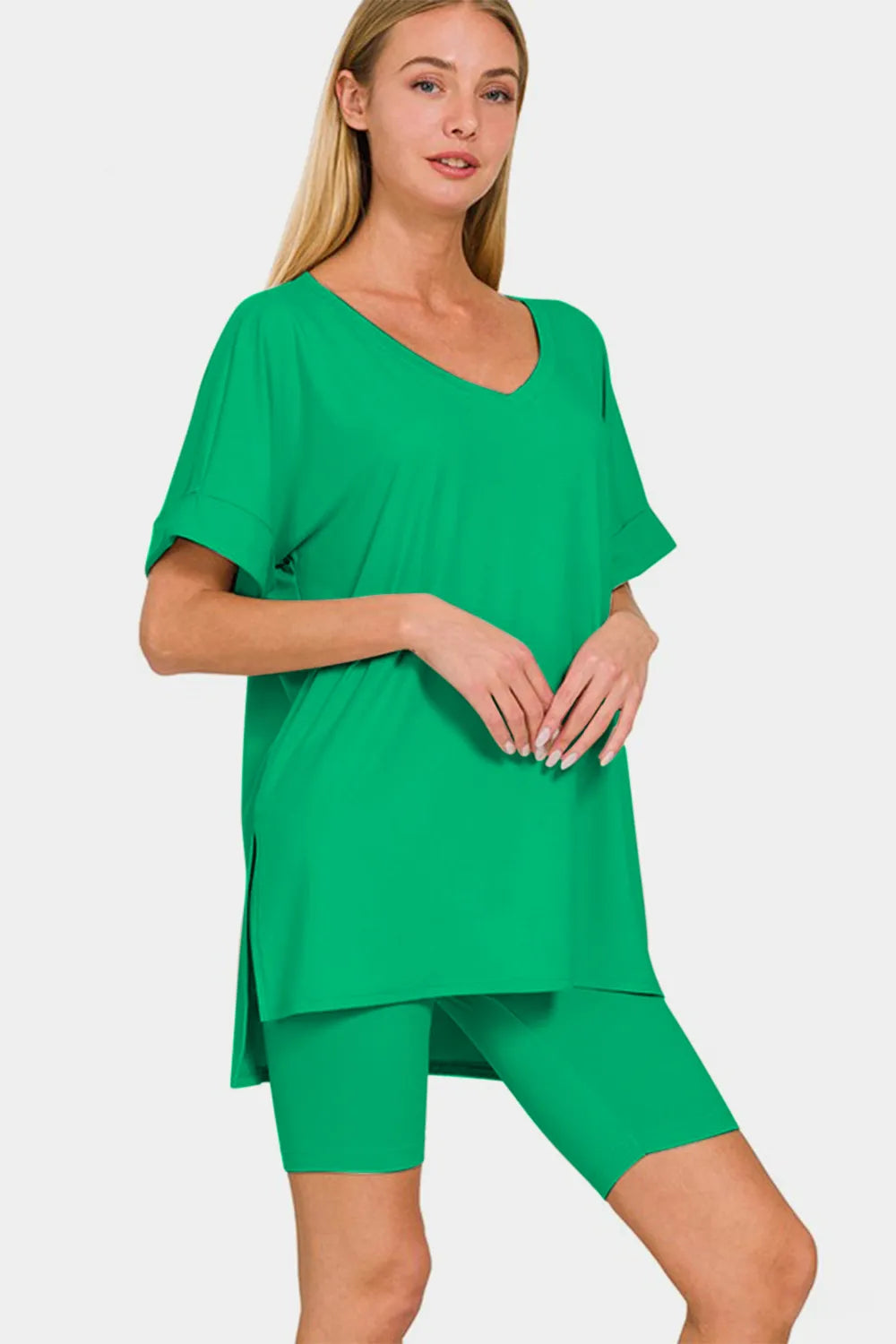 Image of Zenana V-Neck Short Sleeve T-Shirt and Biker Shorts Set | Queeble.shop