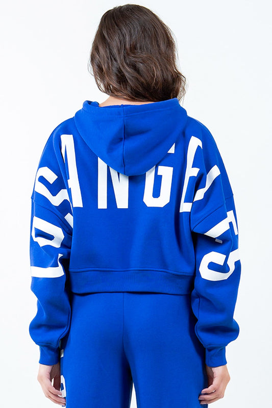 Image of American Bazi Letter Graphic Long Sleeve Drawstring Cropped Hoodie | Queeble.shop