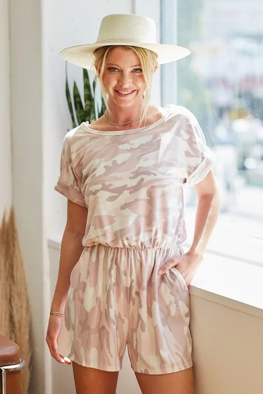 Image of BiBi Camo Print French Terry Romper with Side Pockets | Queeble.shop