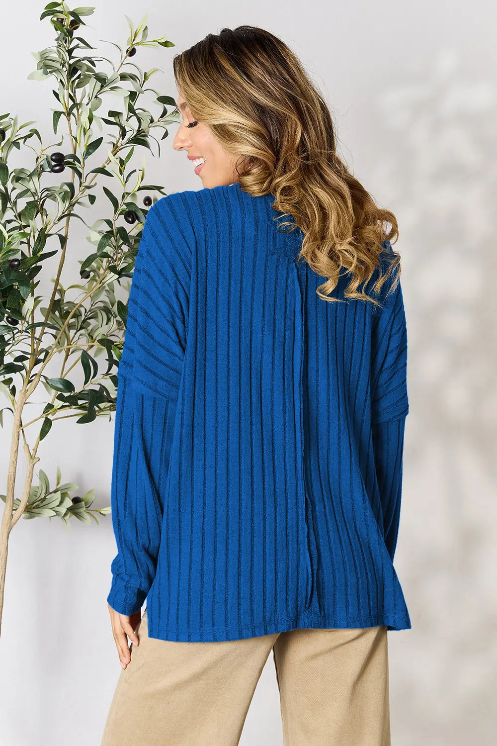 Image of Basic Bae Full Size Ribbed Round Neck Slit Knit Top | Queeble.shop