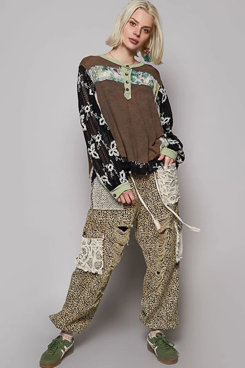 Image of POL Button Detail Floral Patchwork Crochet Sleeve Blouse | Queeble.shop