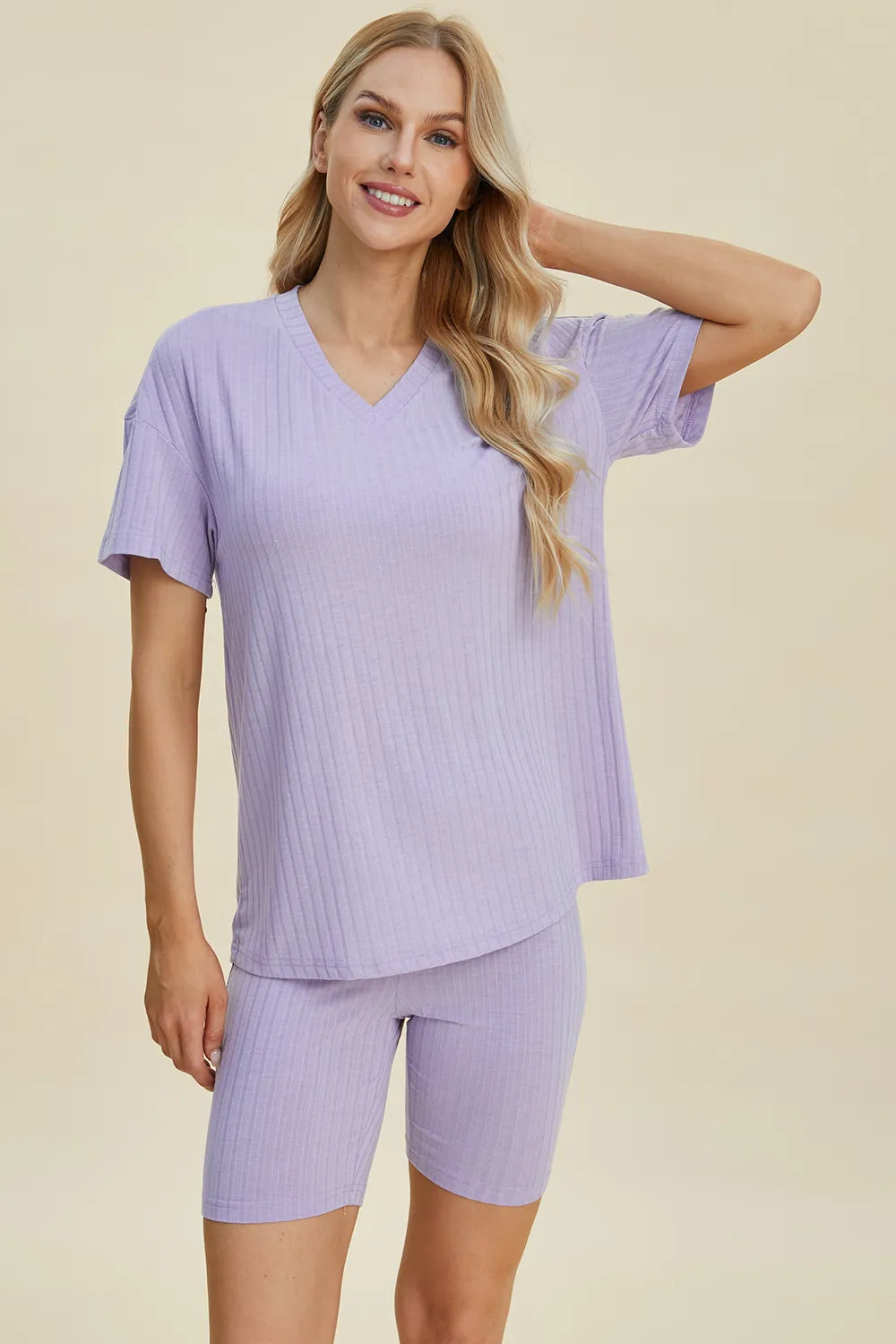 Image of Basic Bae Full Size Ribbed V-Neck Short Sleeve Top and Shorts Set | Queeble.shop