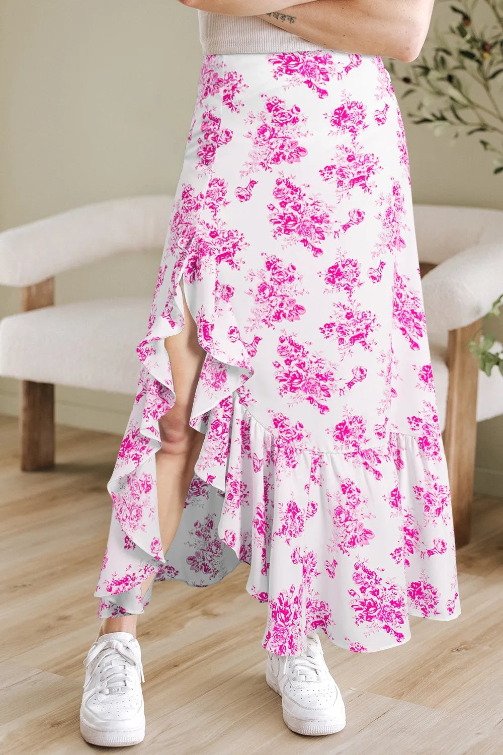 Image of Boho Floral High Waist Ruffle Split Maxi Skirt | Queeble.shop