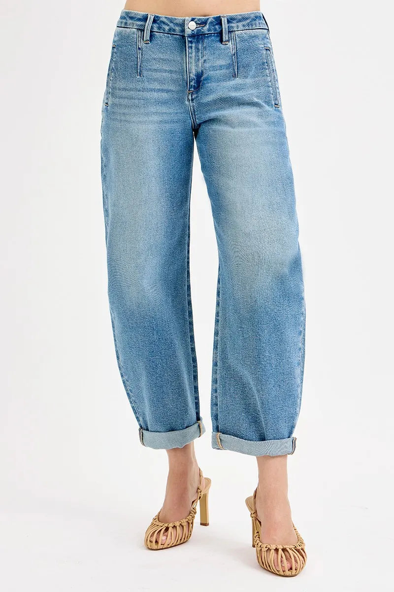 Image of RISEN Full Size Mid Rise Fit Barrel Roll Up Jeans Plus Size | Queeble.shop