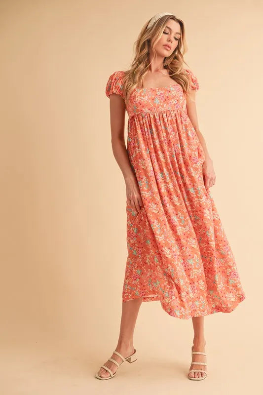 Image of Aemi + Co Cutout Back Floral Square Neck Puff Sleeve Midi Dress | Queeble.shop