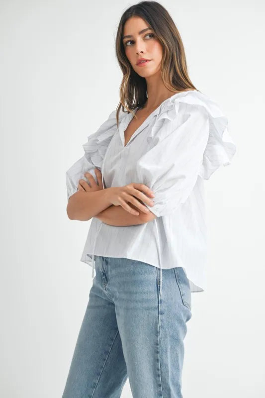 Image of MABLE Stripe Ruffle Shoulder Puff Sleeve Blouse | Queeble.shop