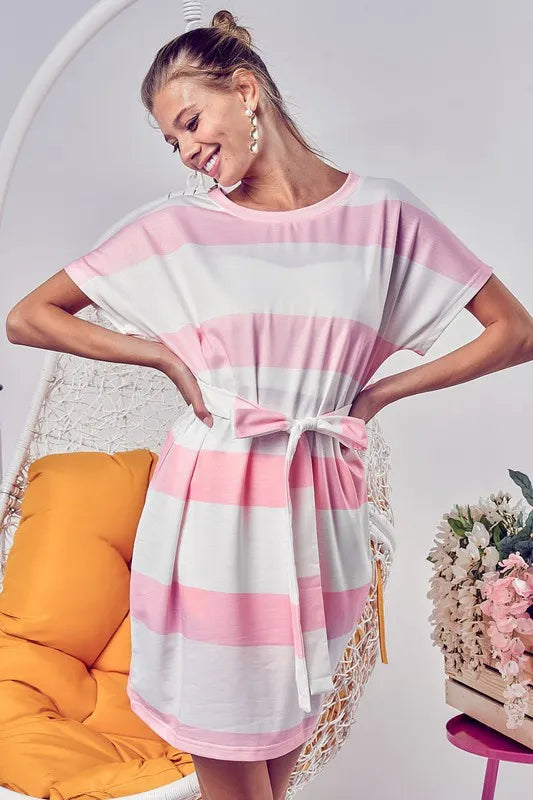 Image of BiBi Tie Front Striped Short Sleeve Dress | Queeble.shop