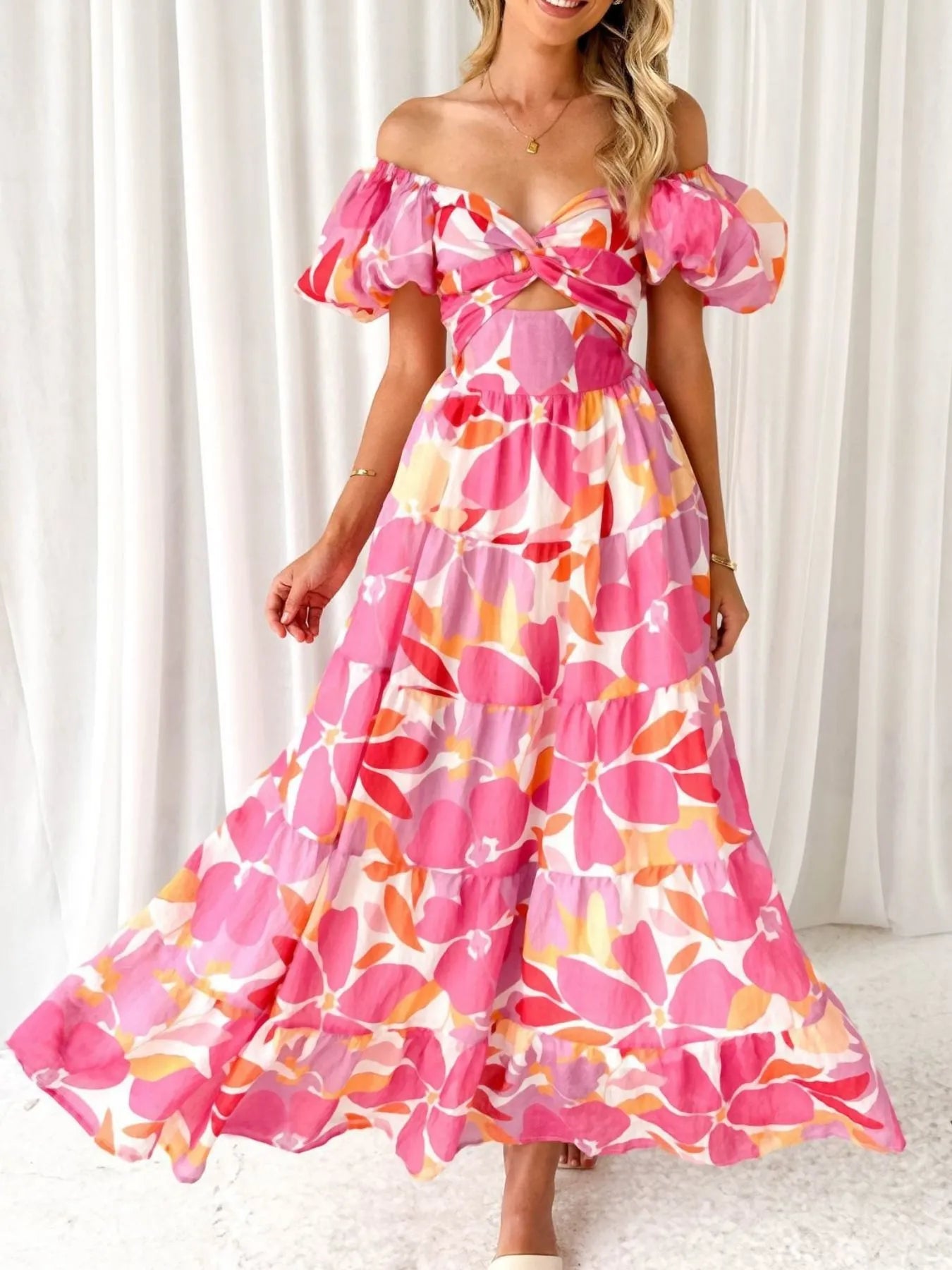 Image of Off-Shoulder Floral Tiered Dress with Ruffle Details | Queeble.shop