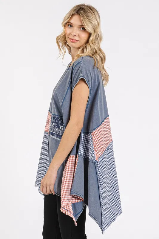 Image of Mittoshop Patchwork Mineral Washed Round Neck Cap Sleeve Top | Queeble.shop