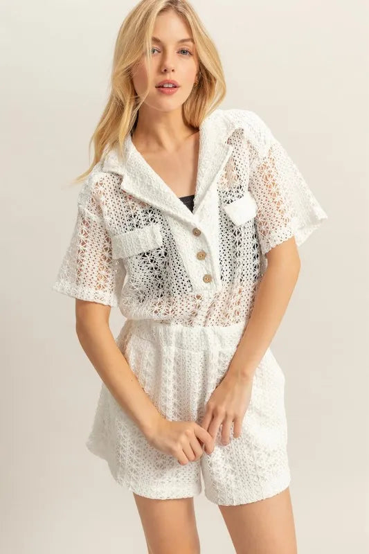 Image of HYFVE Crochet Button Front Short Sleeve Romper | Queeble.shop