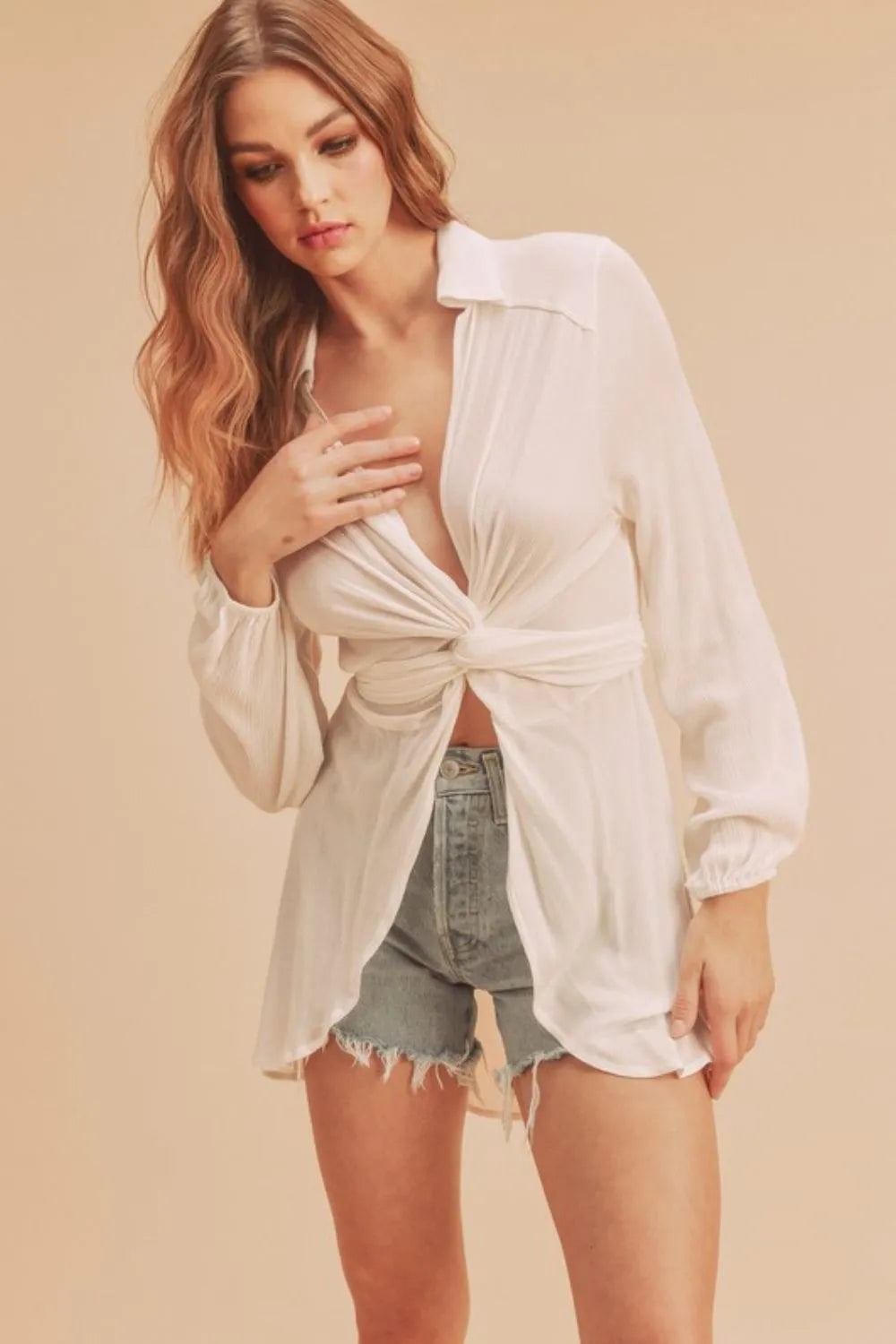 Image of Aemi + Co Tied Collared Neck Long Sleeve Top | Queeble.shop