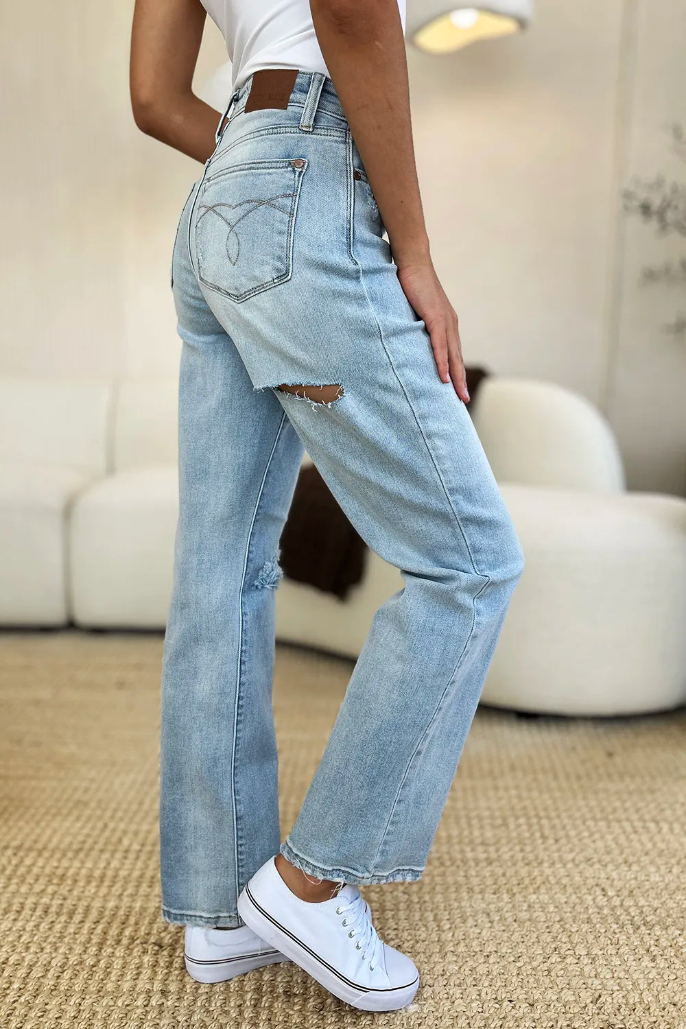 Image of Judy Blue Full Size High Waist Distressed Straight Jeans | Queeble.shop