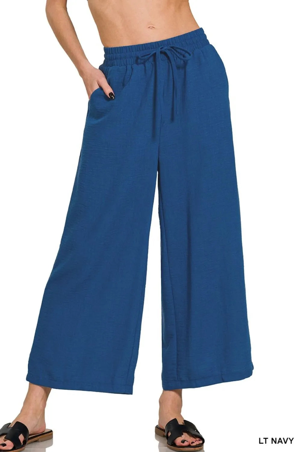 Image of Zenana Woven Crepe Elastic Band Waist Cropped Pants | Queeble.shop