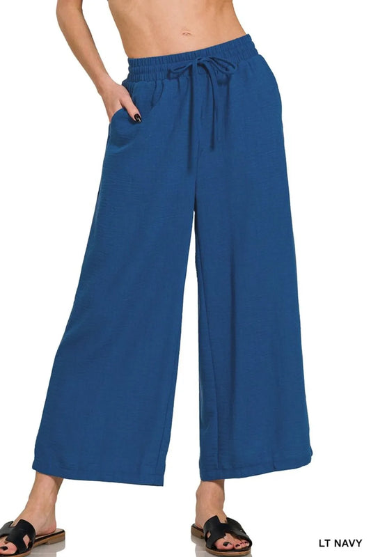 Image of Zenana Woven Crepe Elastic Band Waist Cropped Pants | Queeble.shop